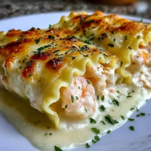 Indulgent shrimp crab Alfredo lasagna roll-ups topped with creamy sauce.