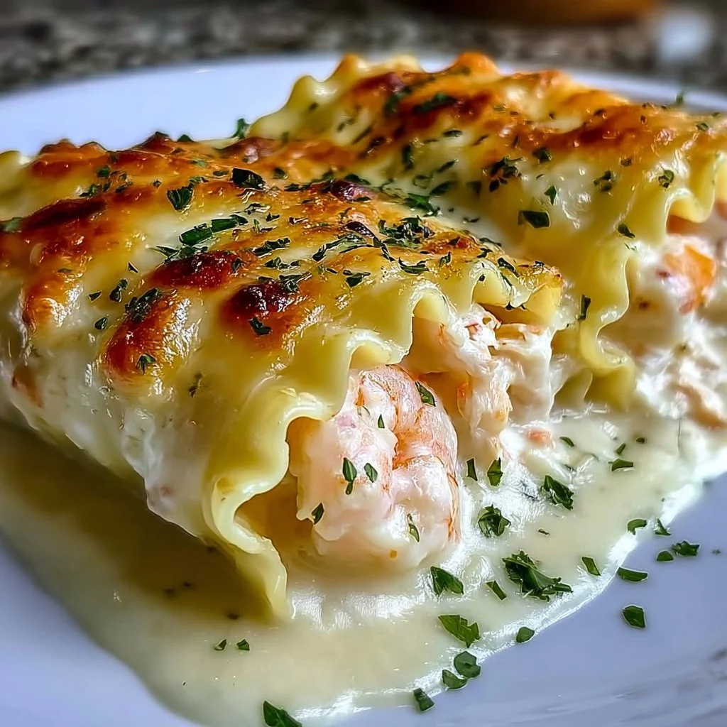 Indulgent shrimp crab Alfredo lasagna roll-ups topped with creamy sauce.