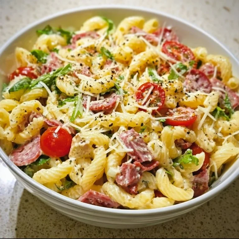 A bowl of Italian Grinder Pasta Salad featuring pasta, vegetables, and Italian meats.