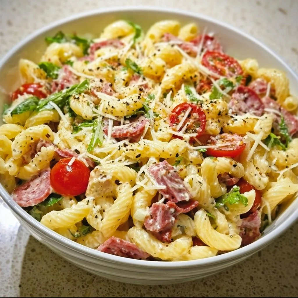 A bowl of Italian Grinder Pasta Salad featuring pasta, vegetables, and Italian meats.