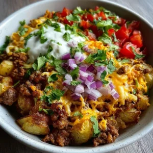 A delicious loaded potato taco bowl with toppings and colorful ingredients.