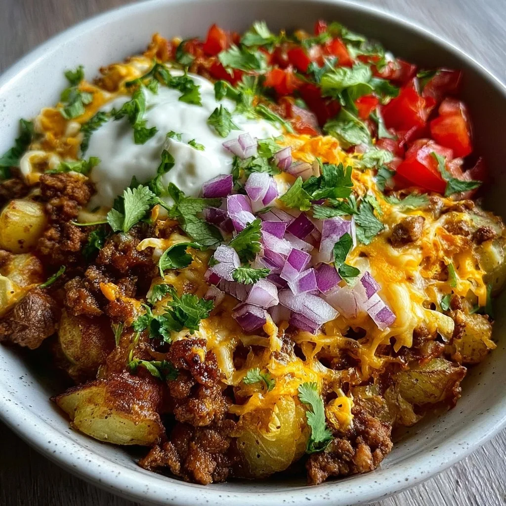 A delicious loaded potato taco bowl with toppings and colorful ingredients.
