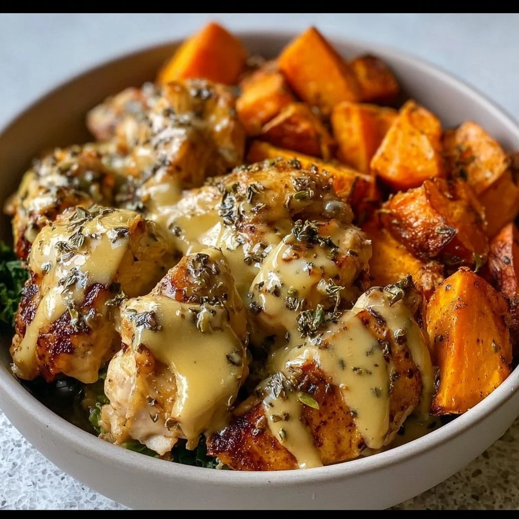 Maple Dijon Chicken & Roasted Sweet Potato Bowl