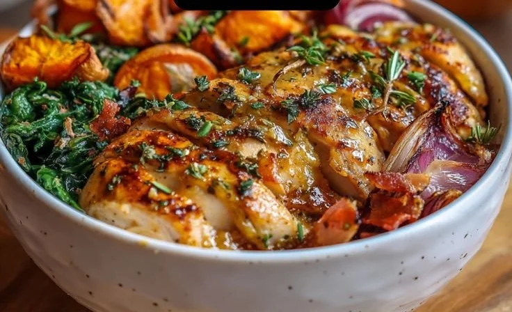 Maple Dijon Chicken & Roasted Sweet Potato Bowl