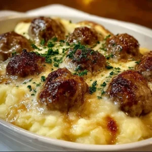 Meatball Bake with mashed potatoes in a casserole dish