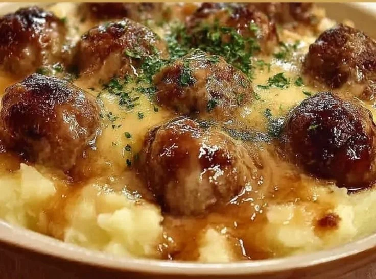 Meatball and Mashed Potato Bake
