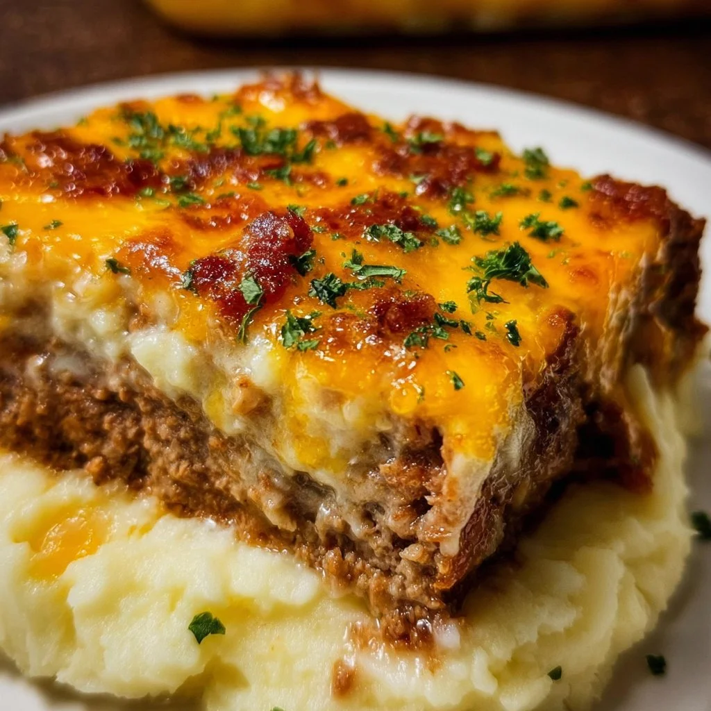 Succulent meatloaf served with creamy mashed potatoes and melted cheese