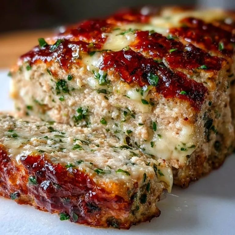 Delicious garlic parmesan chicken meatloaf served with herbs and garlic.