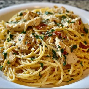 Delicious Monterey Chicken Spaghetti with juicy chicken and rich sauce.