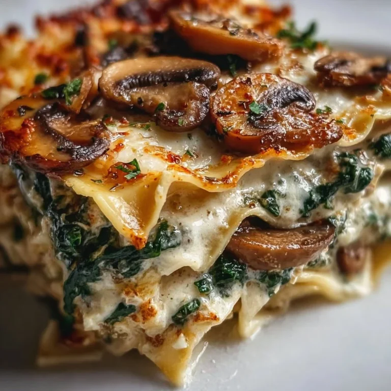 Delicious Mushroom Spinach Lasagna served on a white plate
