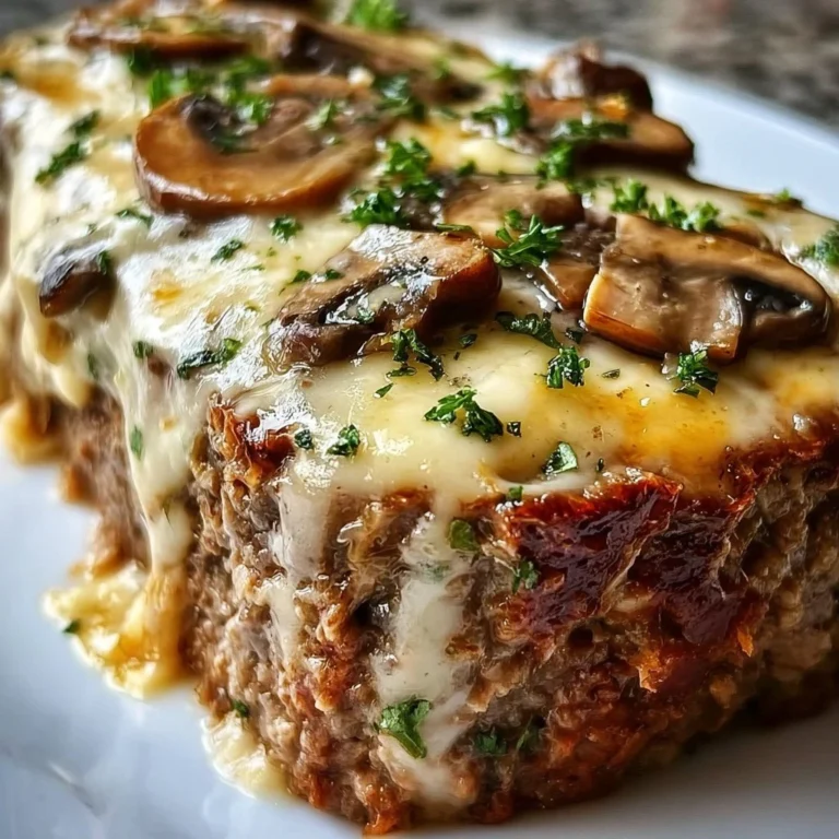 Mushroom Swiss Cheese Meatloaf topped with mushrooms and melted cheese