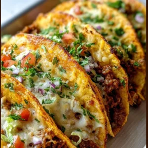 Oven-baked cheesy tacos topped with melted cheese and fresh ingredients.
