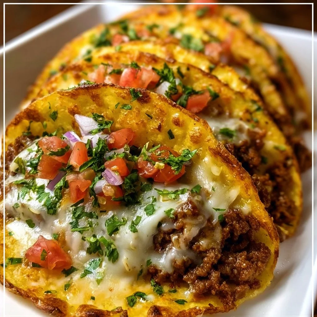 Oven-baked cheesy tacos loaded with toppings and melted cheese