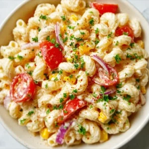 Colorful summer pasta salad with vegetables and dressing