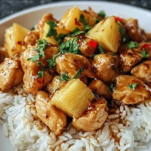 Delicious Pineapple Chicken Rice served in a bowl garnished with fresh herbs