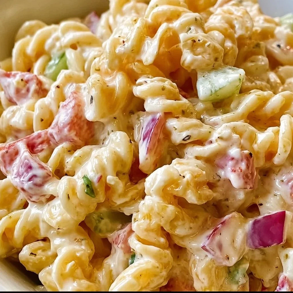 Creamy Pink Cadillac Pasta Salad served in a bowl with colorful veggies.
