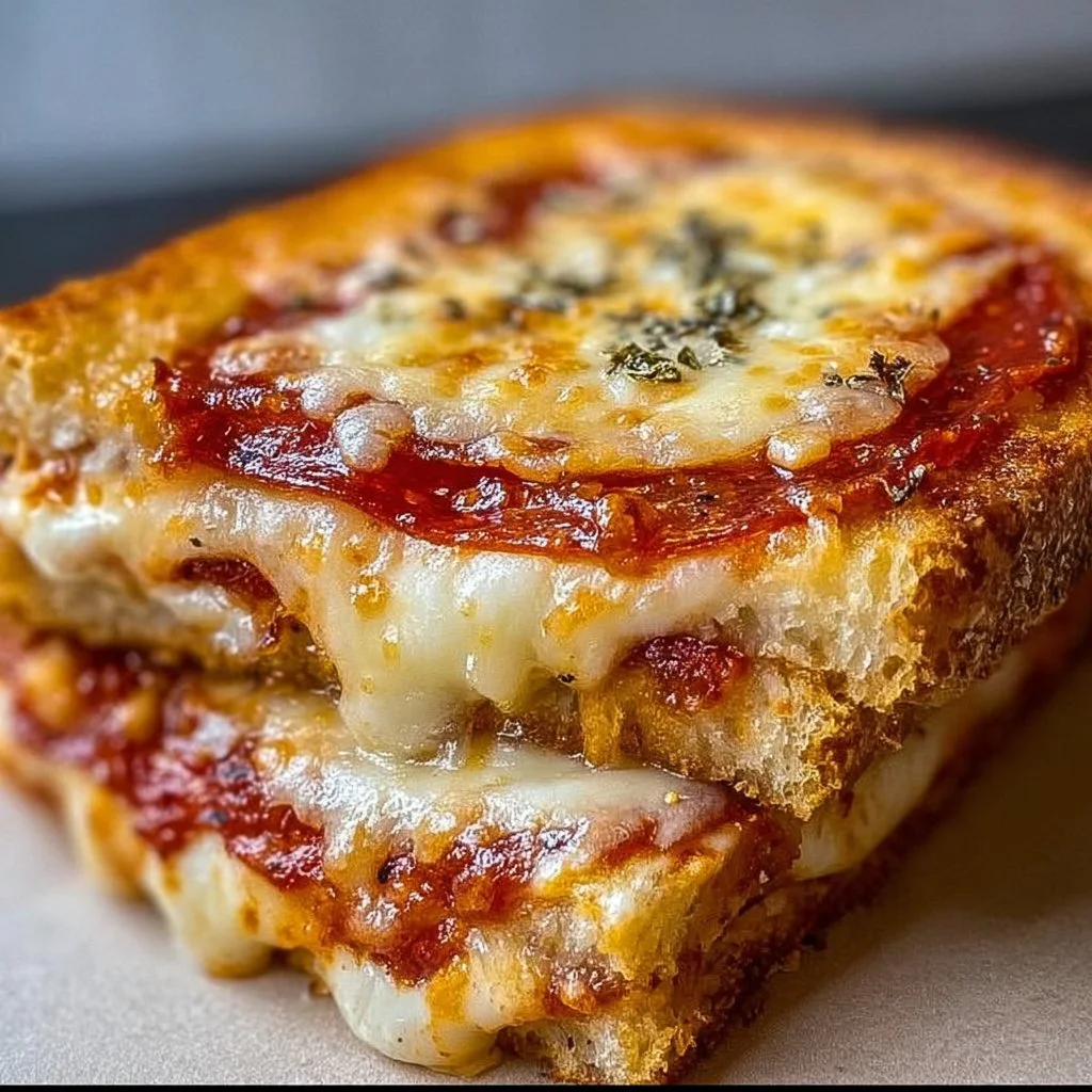 Melted cheese and pizza toppings in a grilled cheese sandwich