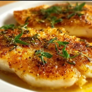 Plate of Quick Italian-Style Baked Orange Roughy with herbs and lemon garnish
