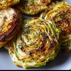 Roasted cabbage steaks seasoned and grilled to perfection on a plate.
