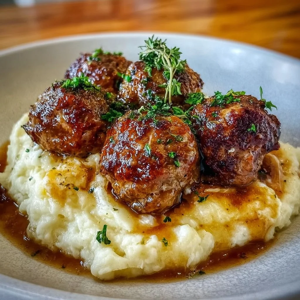 Salisbury steak meatballs with garlic herb mashed potatoes served on a plate