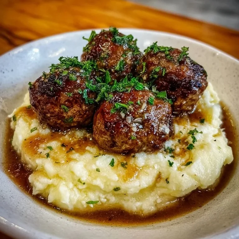 Salisbury steak meatballs with garlic herb mashed potatoes on a plate