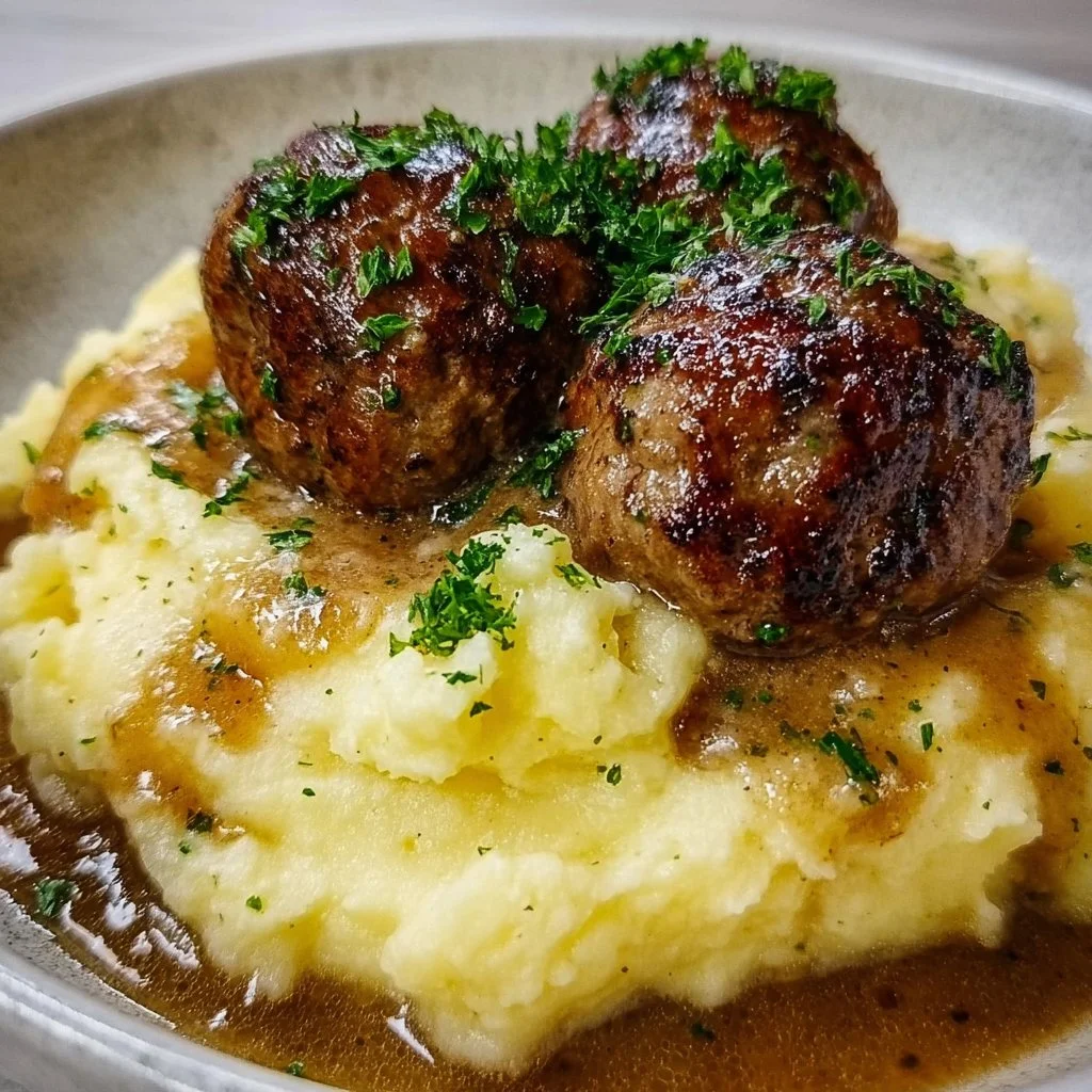 Salisbury Steak Meatballs with Garlic Herb Mashed Potatoes
