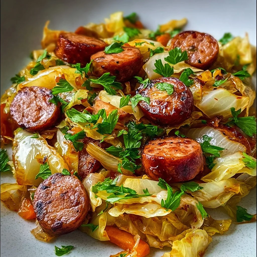 Delicious Sausage and Cabbage Stir Fry served in a bowl.