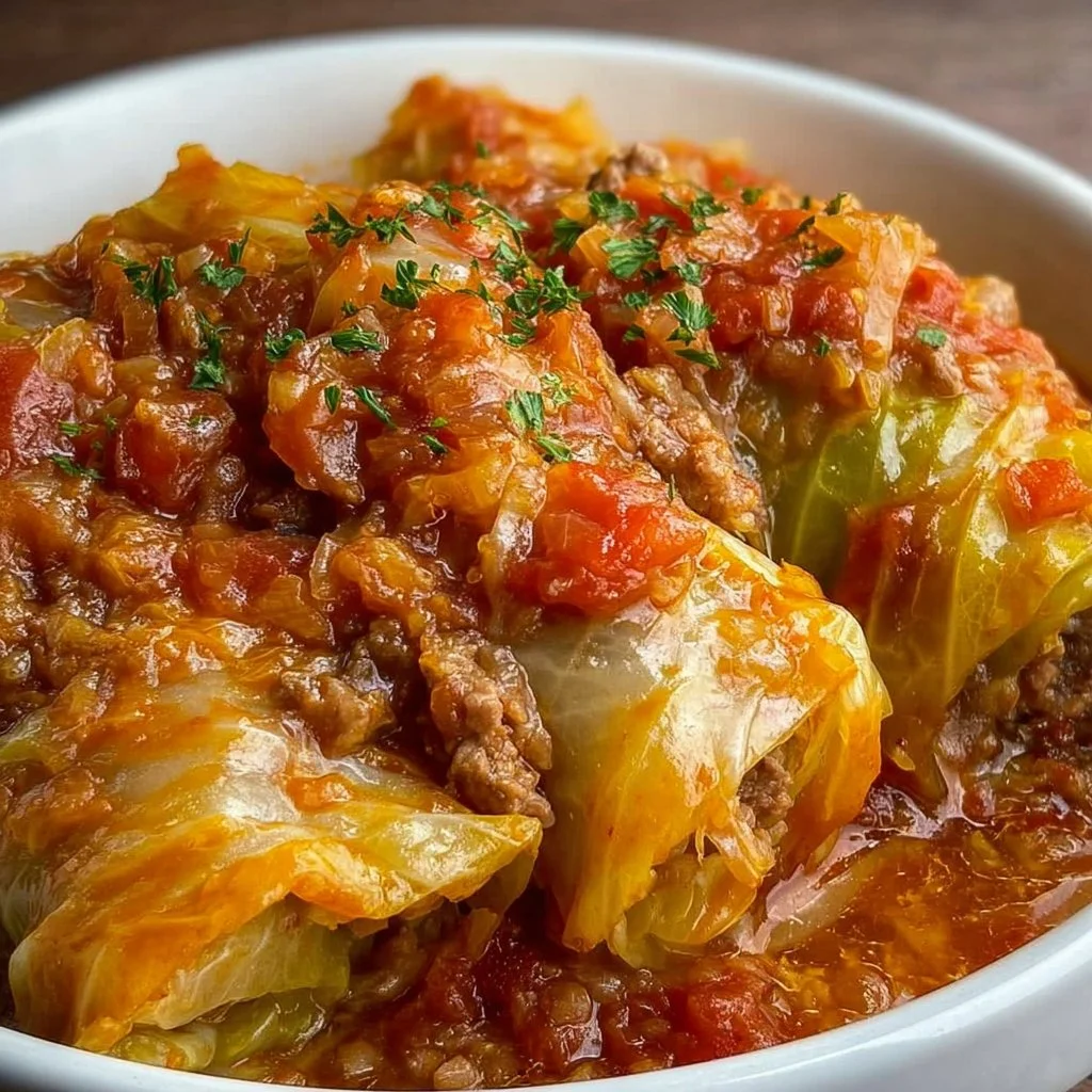 Bowl of slow cooker unstuffed cabbage rolls with fresh herbs and spices