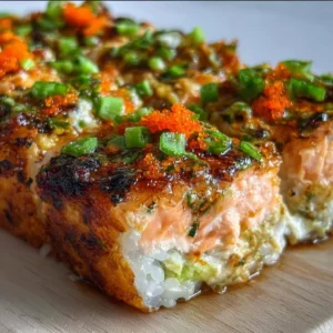 Delicious Spicy Salmon Sushi Bake served in a baking dish with garnishes.