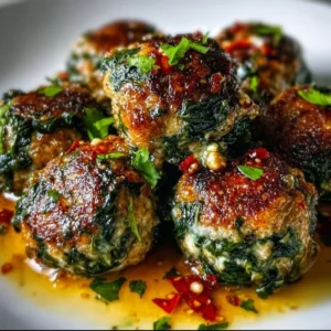 Delicious spinach garlic meatballs garnished with herbs on a plate