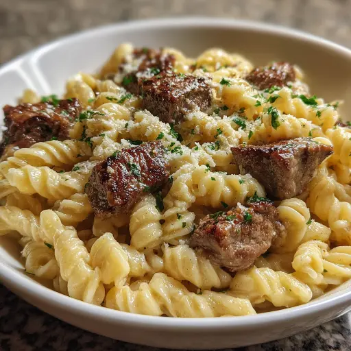 Steak Bites with Garlic Butter Alfredo Pasta