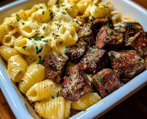 Steak Bites with Garlic Butter Alfredo Pasta
