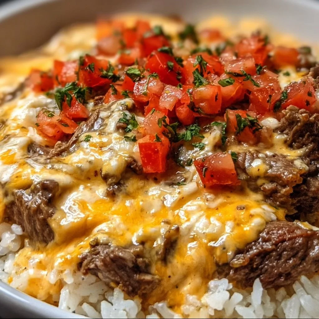 Delicious plate of Steak Cheese Rice topped with melted cheese and grilled steak