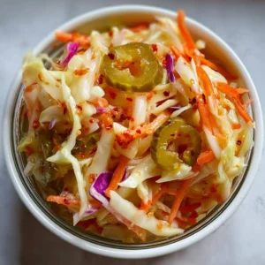 Colorful bowl of sweet and spicy pickle slaw with fresh ingredients