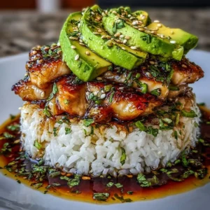 Delicious Honey Lime Chicken stacked with avocado rice for a flavorful meal.