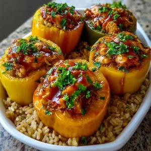 Teriyaki chicken stuffed peppers with pineapple and rice, showcasing a delicious meal.