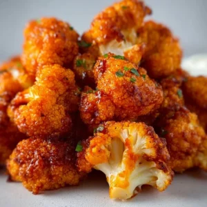 Crispy air fryer buffalo cauliflower bites served on a plate