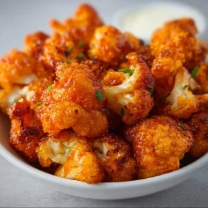 Crispy air fryer Buffalo cauliflower served on a plate