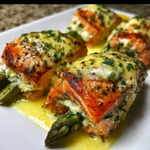 Asparagus and Lemon Basil Ricotta Stuffed Salmon Rolls with Lemon Sauce