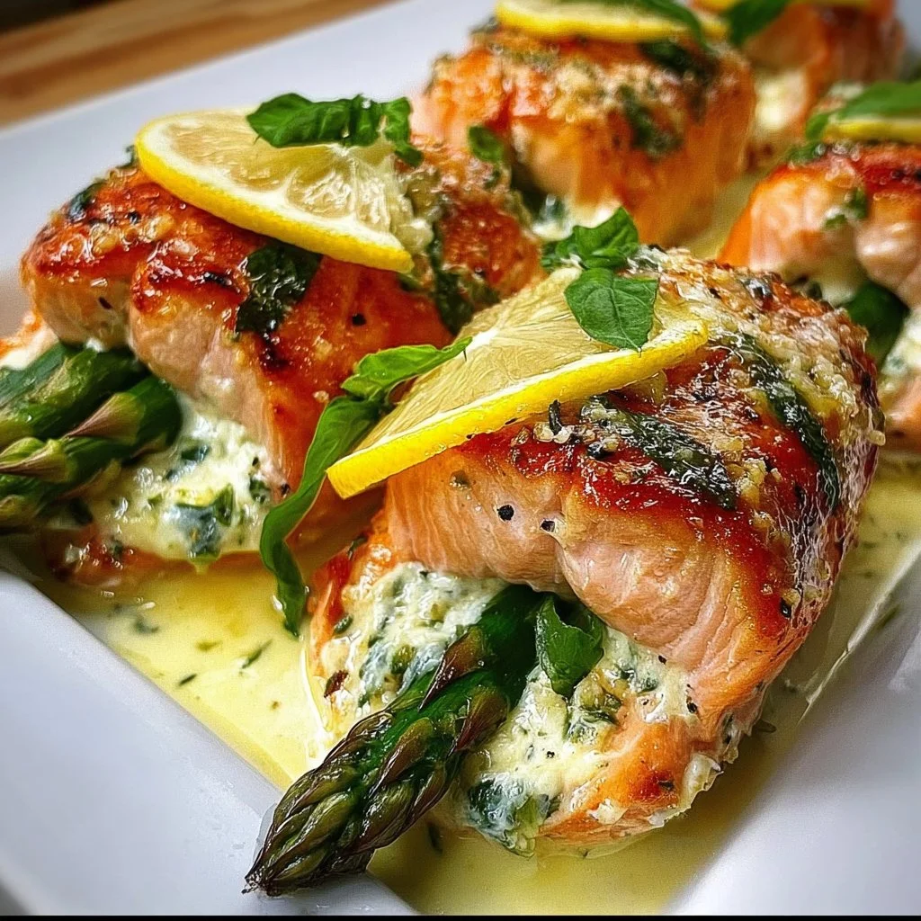 Asparagus and Lemon Basil Ricotta Stuffed Salmon Rolls with Lemon Sauce
