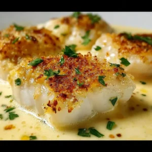Baked cod fillet served in coconut lemon cream sauce with herbs