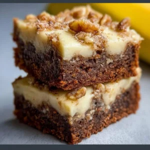 Delicious banana bread brownies topped with chocolate drizzles and walnuts