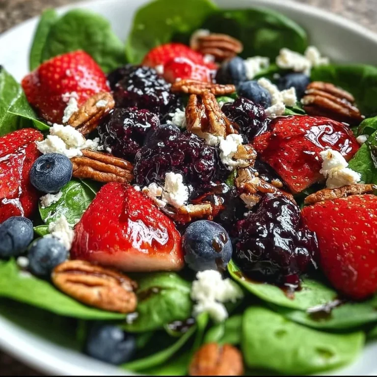 Vibrant Berry Spinach Salad topped with Pecans, Feta cheese, and Balsamic Glaze