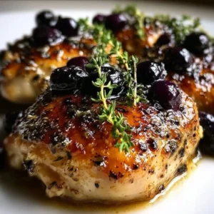 Delicious blueberry thyme chicken garnished with fresh herbs and berries