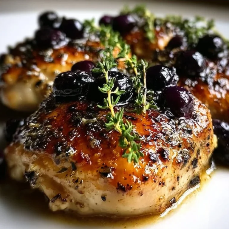 Delicious blueberry thyme chicken garnished with fresh herbs and berries