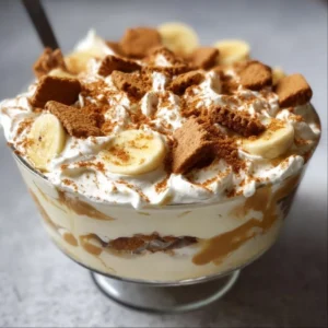 Delicious Biscoff Banana Pudding served in a bowl with crushed Biscoff cookies