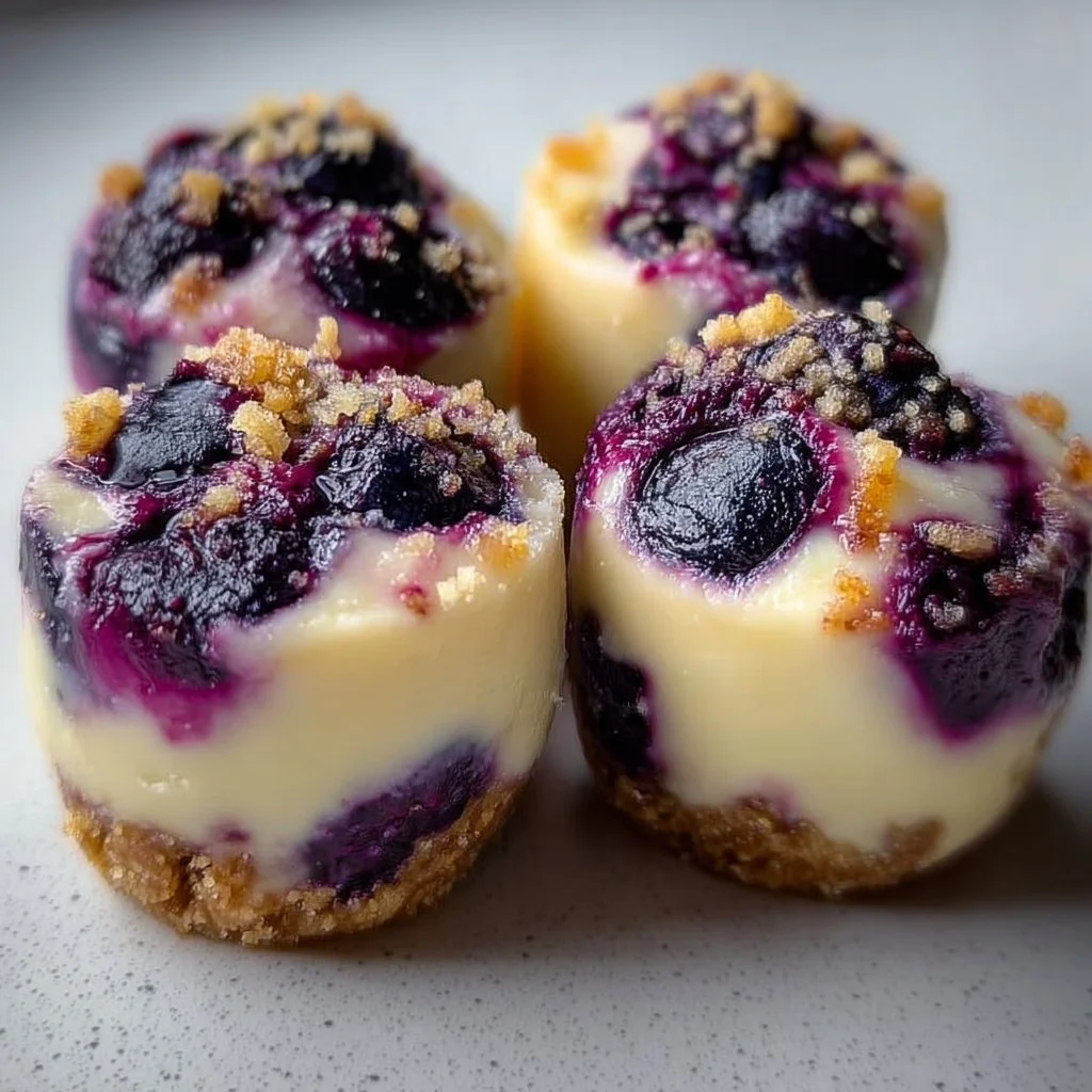 Delicious blueberry cheesecake bites on a plate garnished with fresh blueberries.