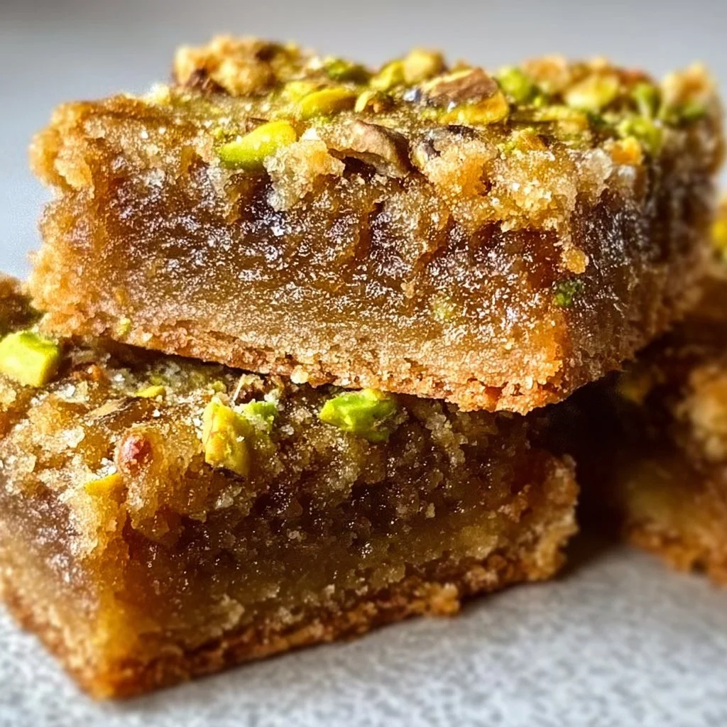 Brown Butter and Honey Pistachio Cookie Bars displayed on a wooden table