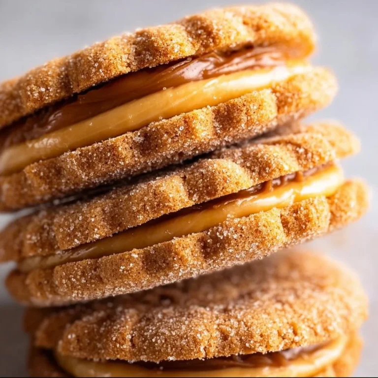 Buttery dulce de leche cinnamon sandwich cookies stacked on a plate