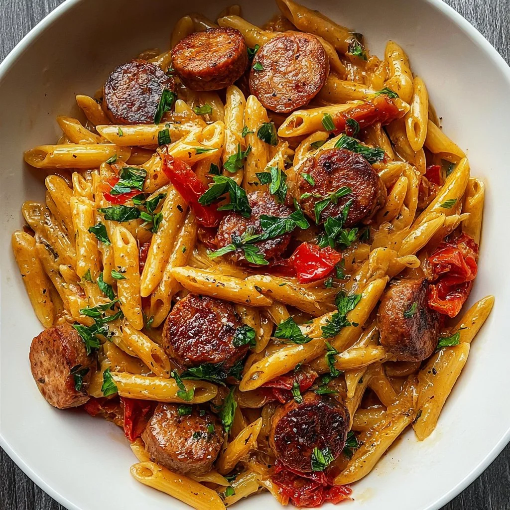 Delicious Cajun Sausage Pasta served in a bowl with parsley garnish